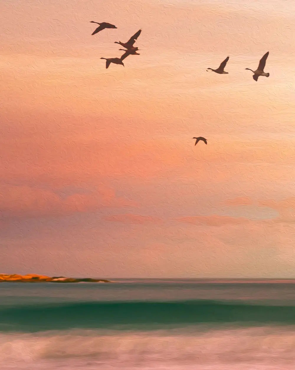 Birds flying over a beach at sunset with a pink and orange sky. * Subtle painted texture