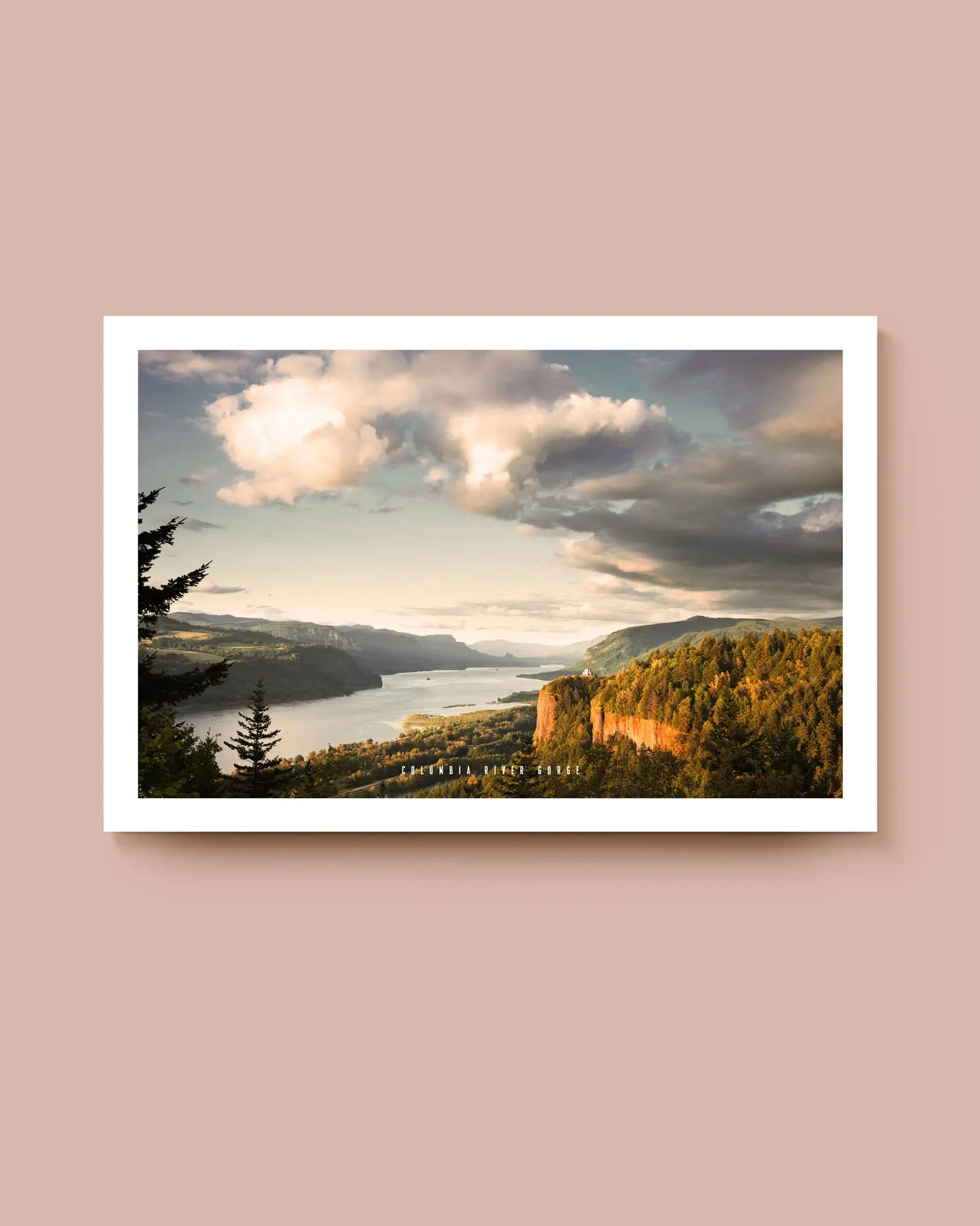 An art print featuring a landscape photograph of the Columbia River Gorge with a white border. * Unframed print