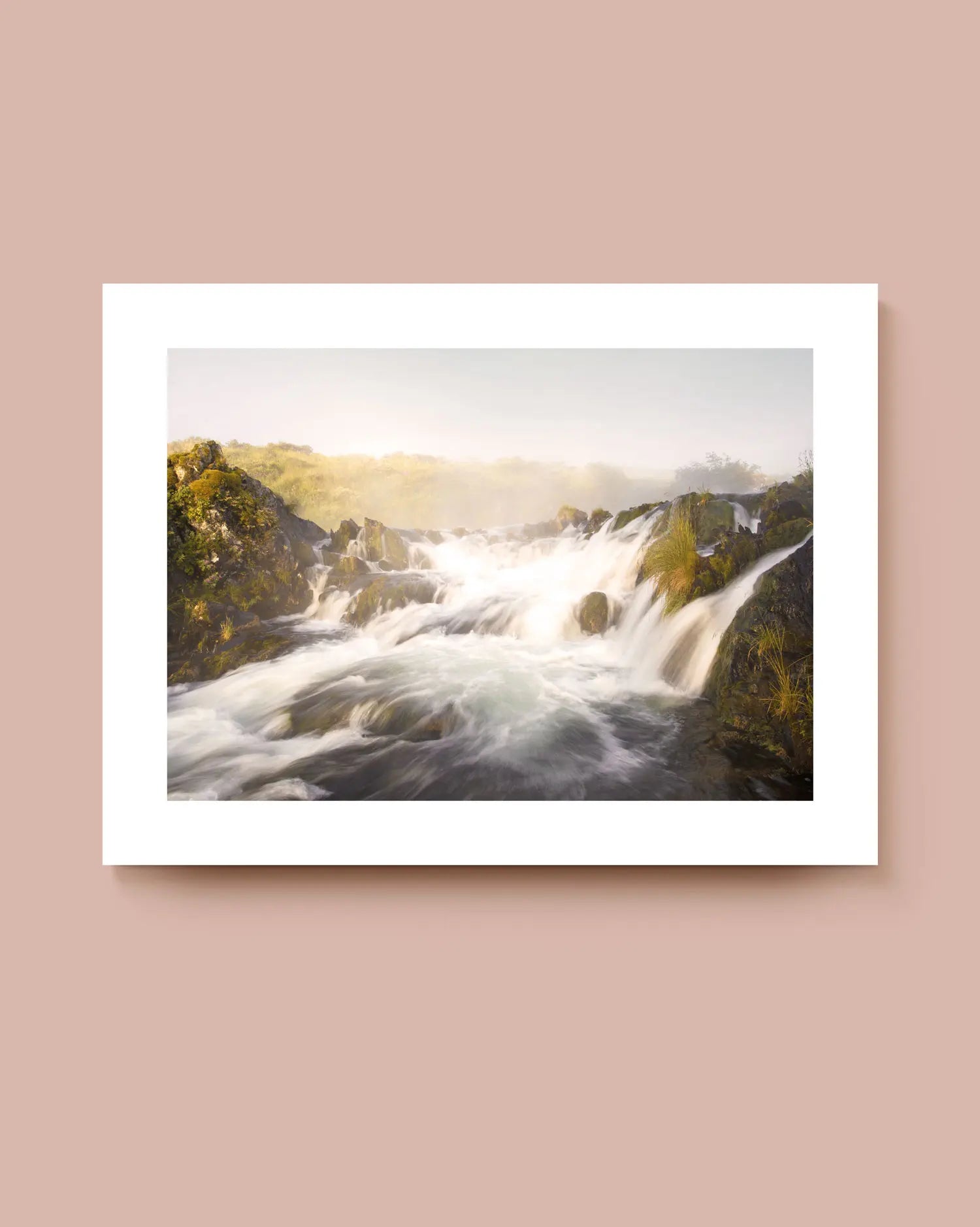 Framed photograph of a waterfall with a white border. * Unframed print