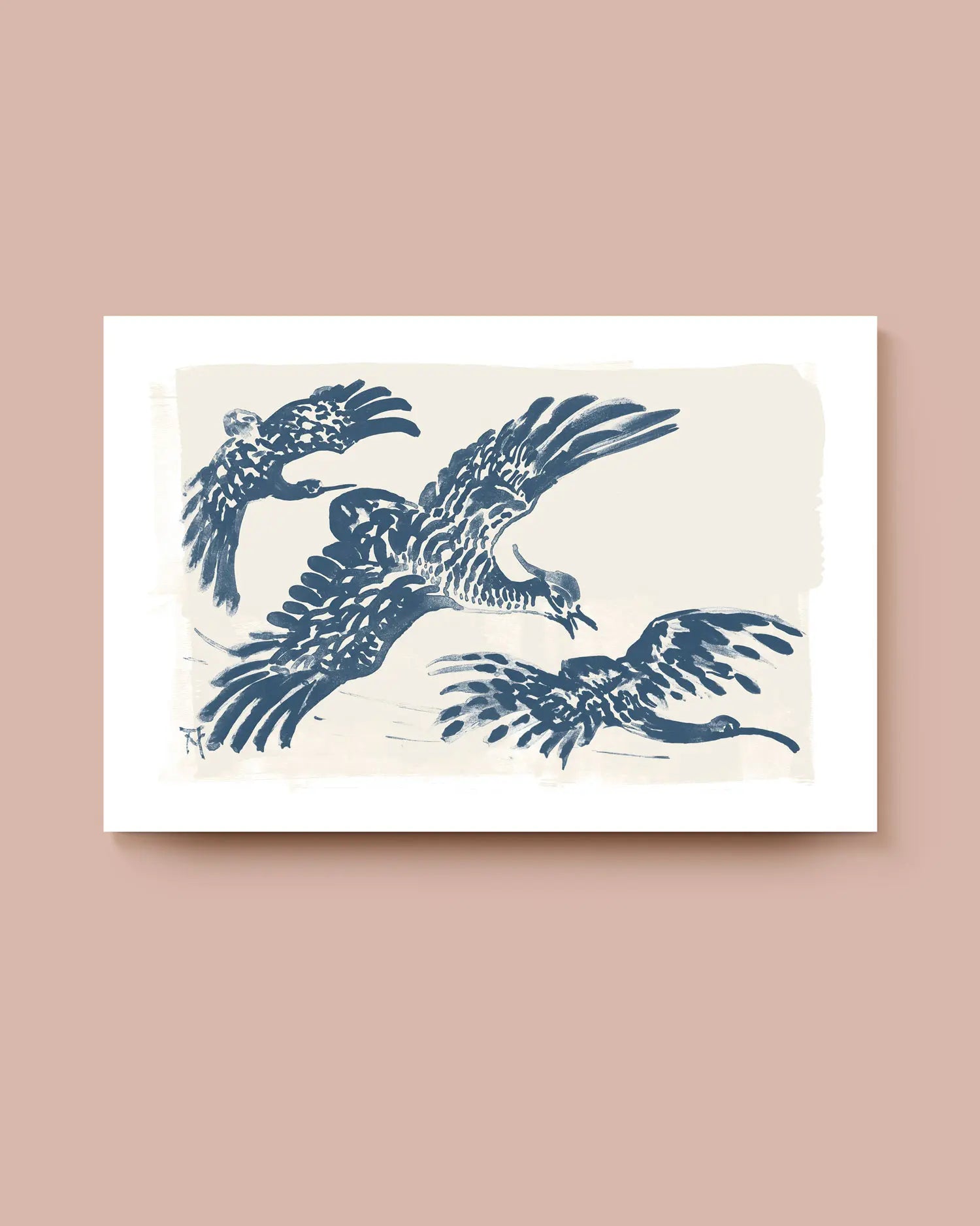 Art print featuring a painting of three blue birds on a beige background. * Unframed print