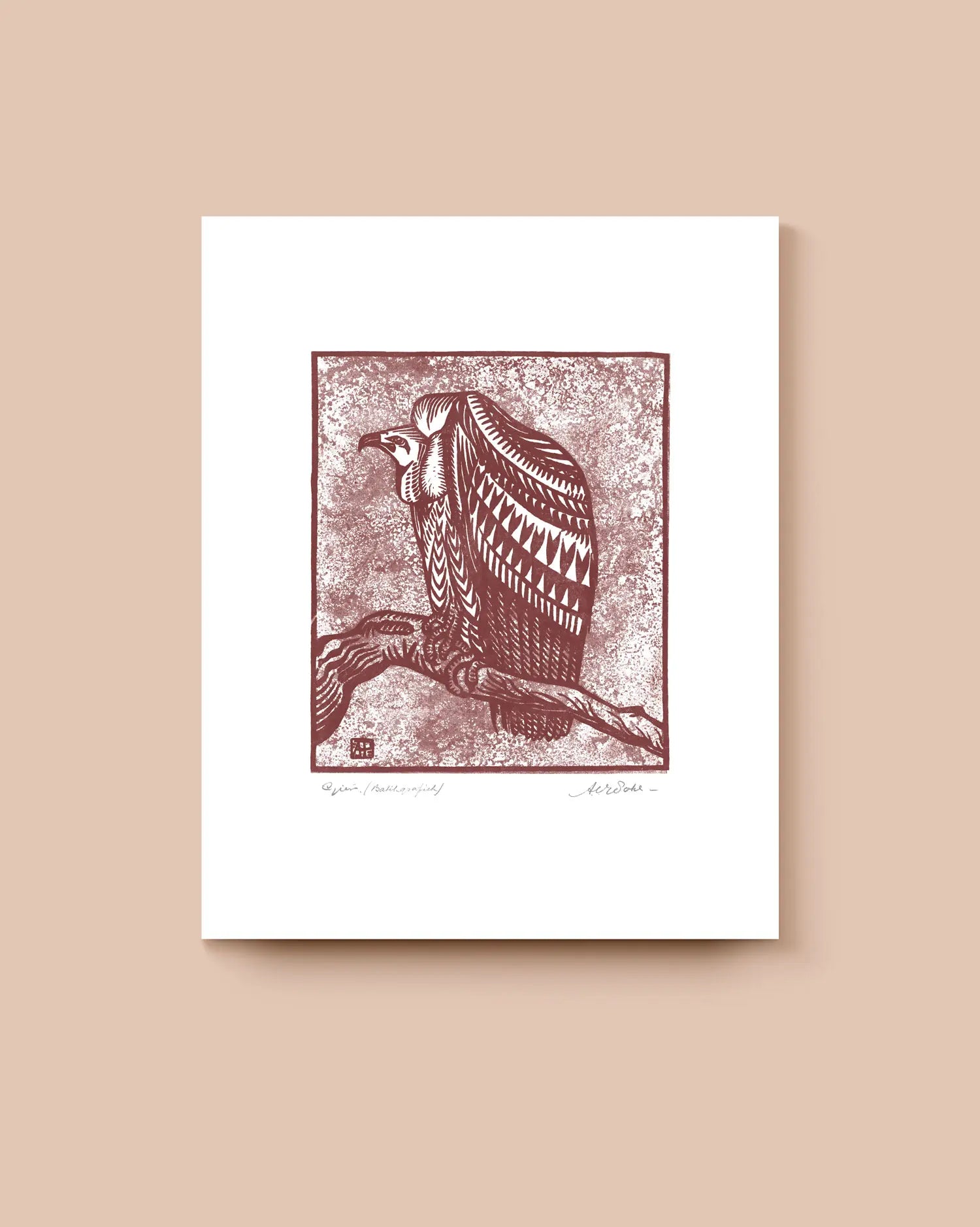 Woodcut-style illustration of a vulture on a white background. * Unframed print