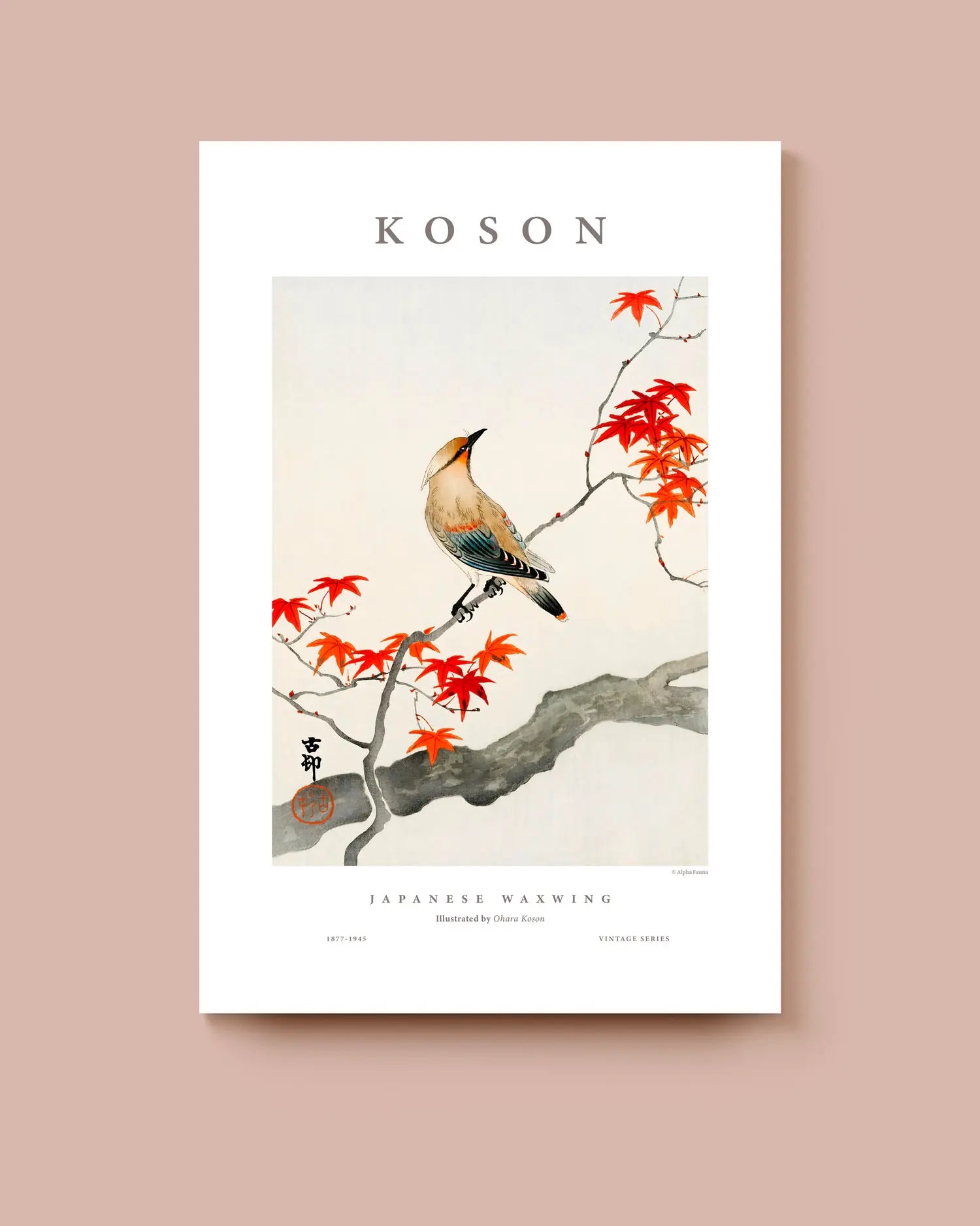 Art print with a bird on a branch with red leaves on a white background with typographic details top and bottom. * Unframed print