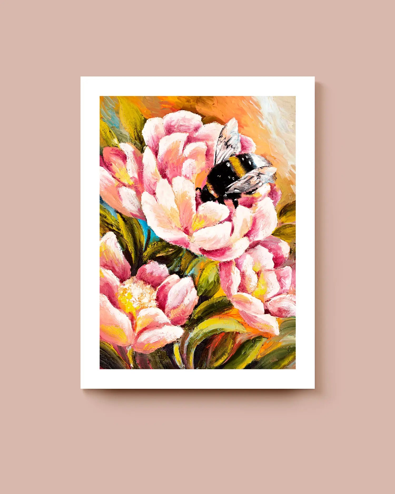 Art print featuring a painting of pink flowers and a bee with a white border. * Unframed print