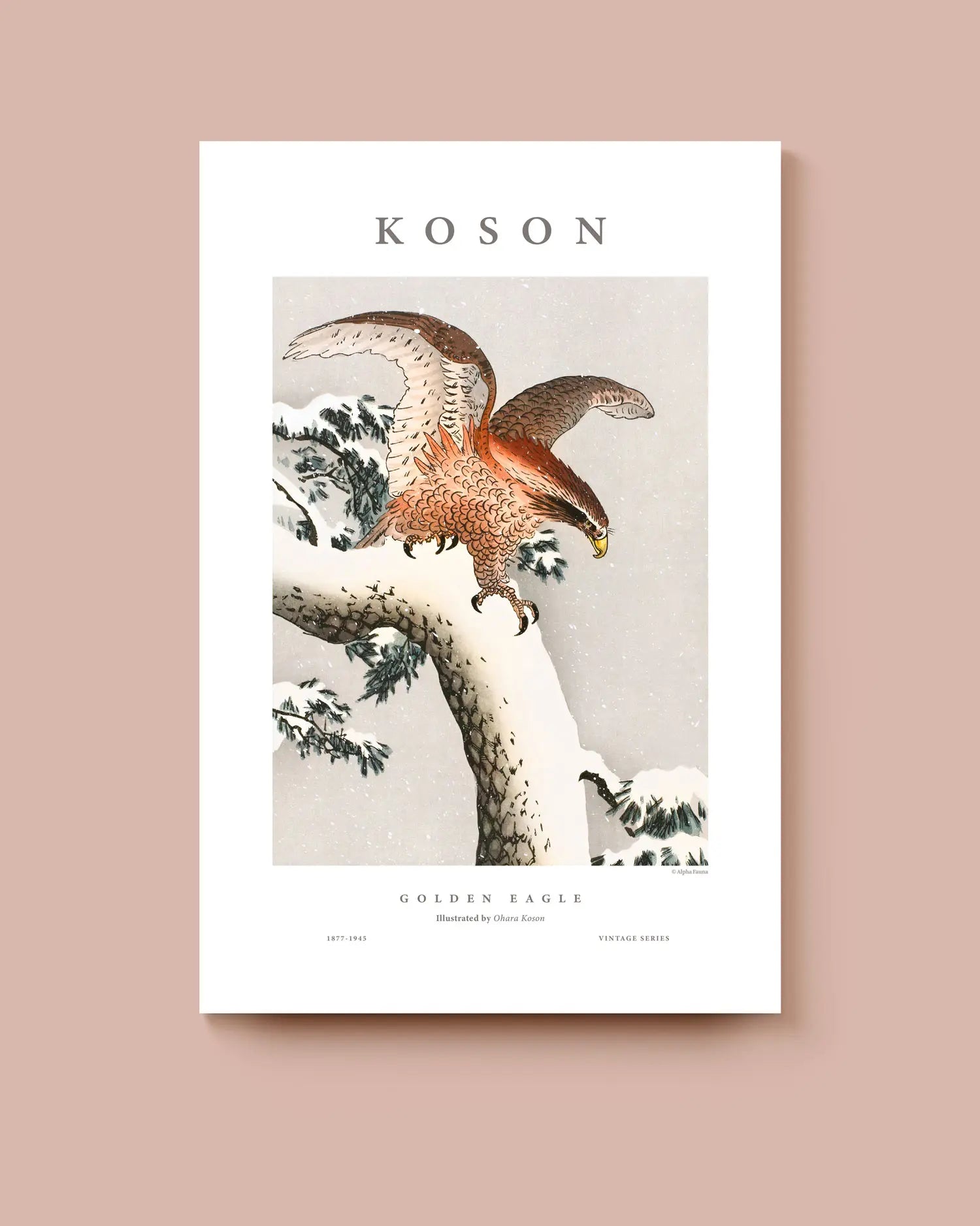 Art print of a golden eagle on a branch with typographic elements top and bottom. * Unframed print