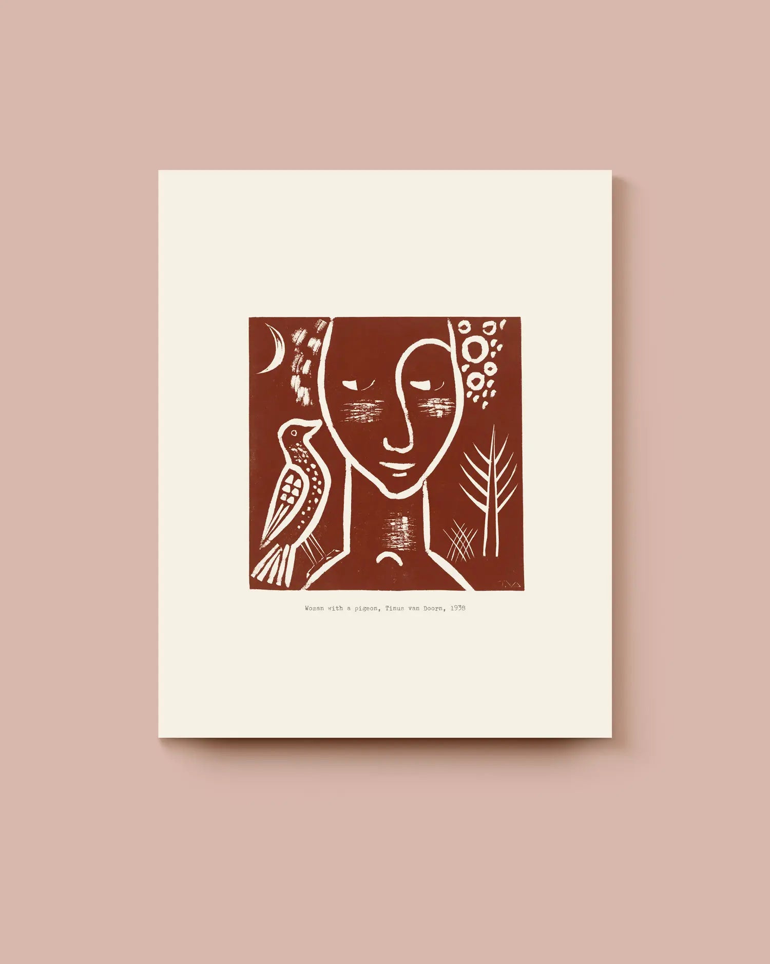 Art print with a stylized face and bird on a beige background. * Unframed print