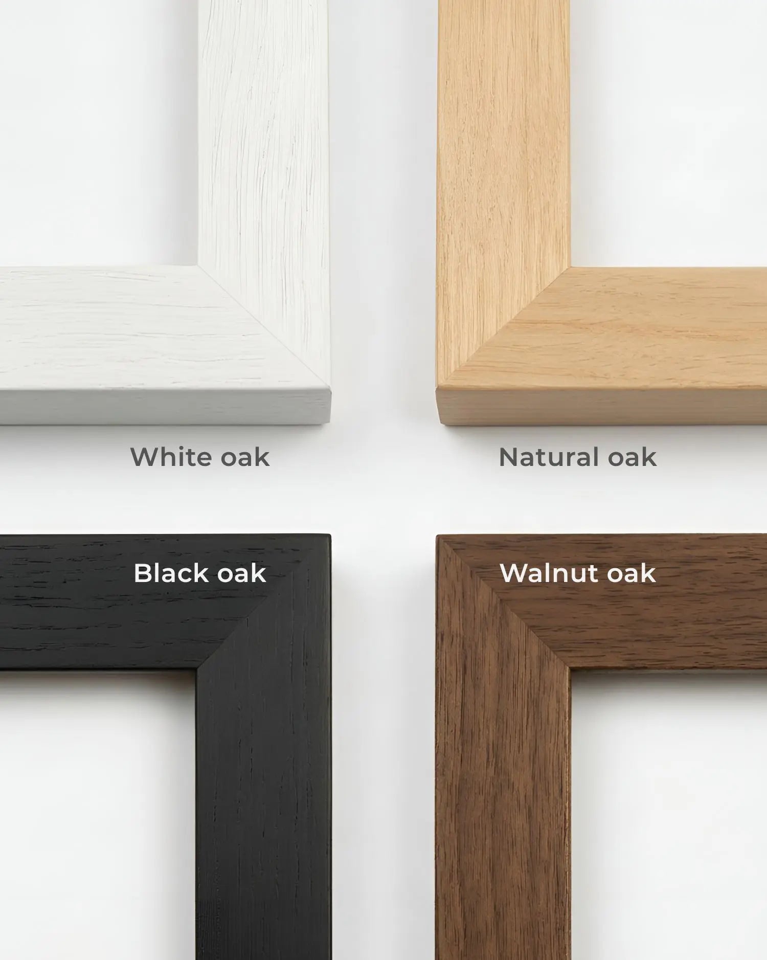 Four wooden picture frames in different colors on a white background. * Frame options