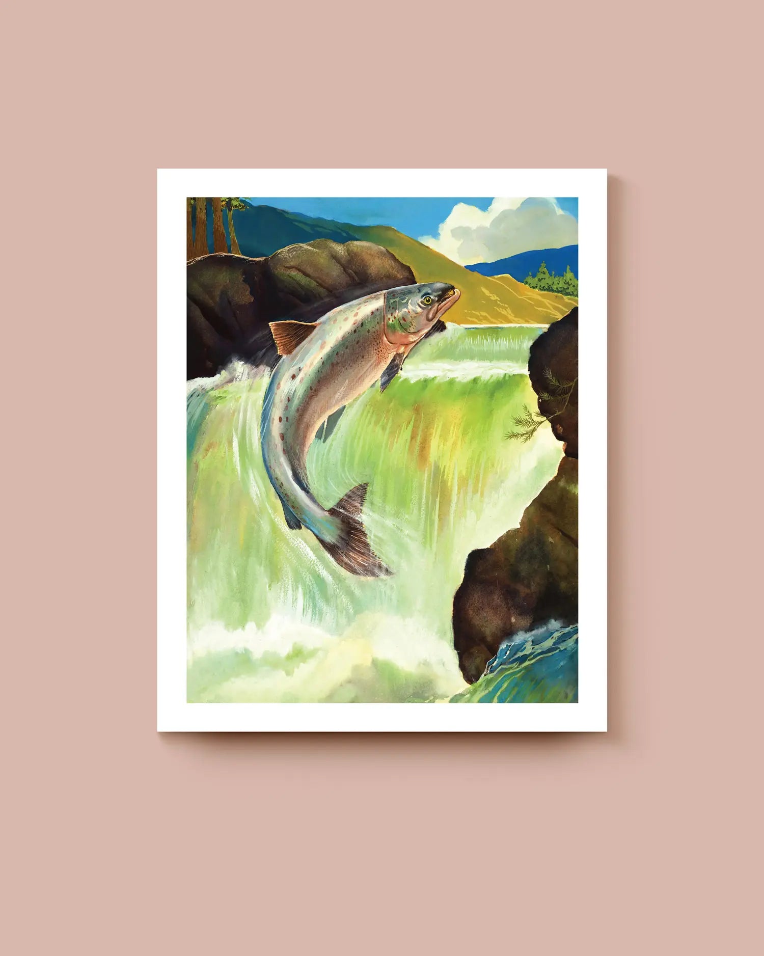 Framed artwork of a fish leaping over a waterfall on a beige background. * Unframed print