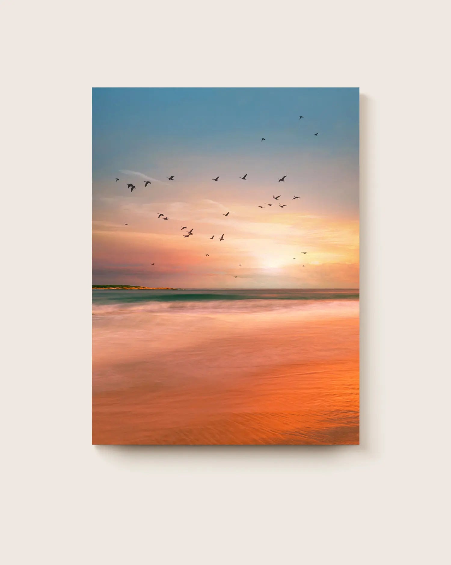Coastal landscape with birds flying over a beautiful beach at sunset. * Unframed print