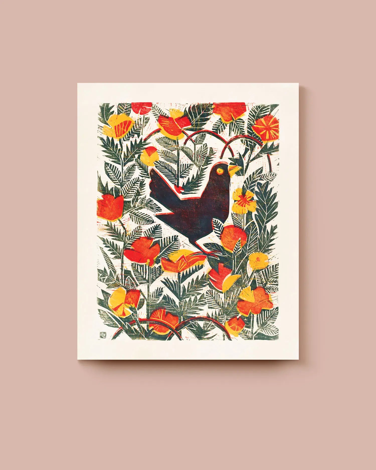 Framed artwork of a bird among flowers on a beige background. * Unframed print