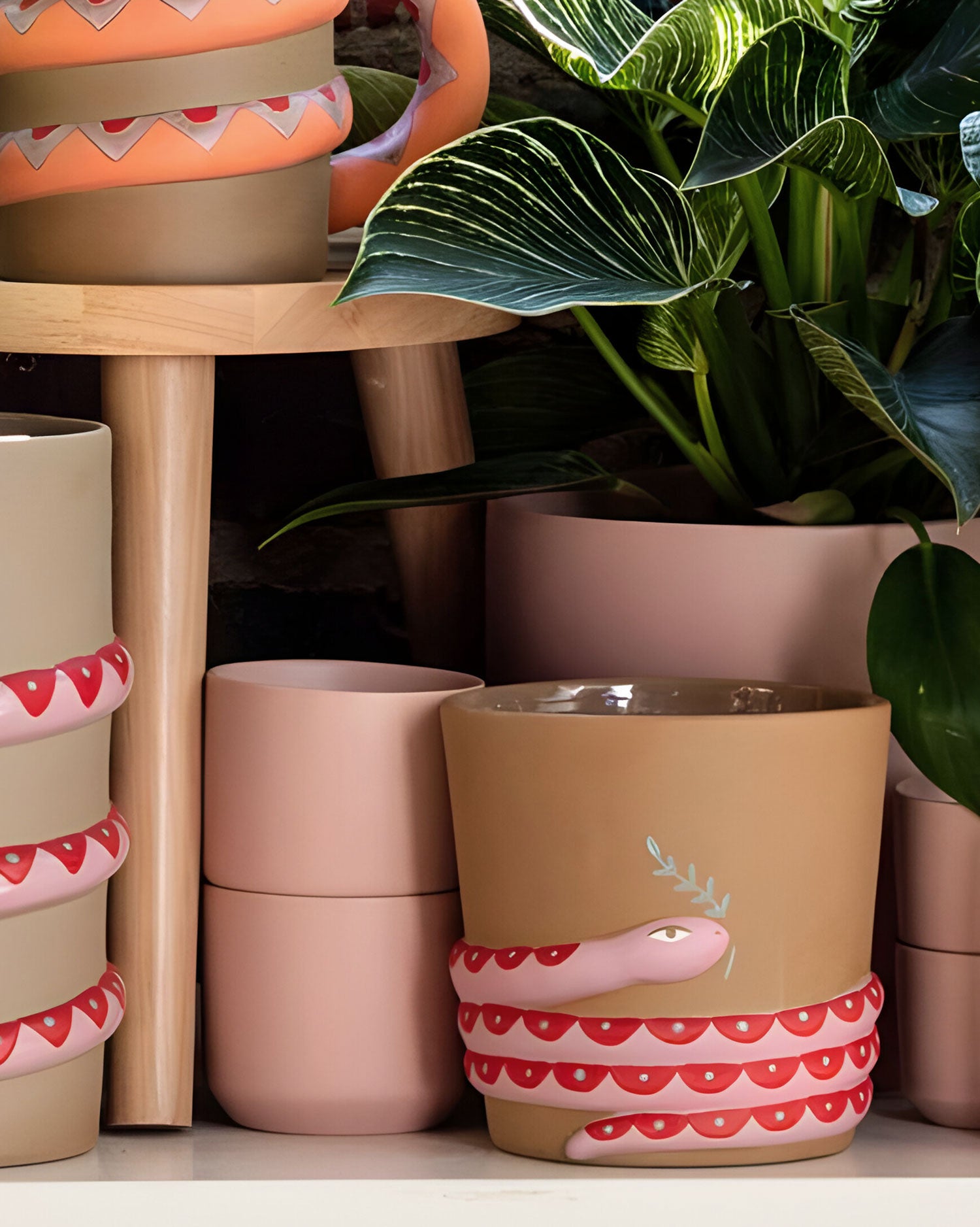 Ceramic Snake Planters on a counter with other pots