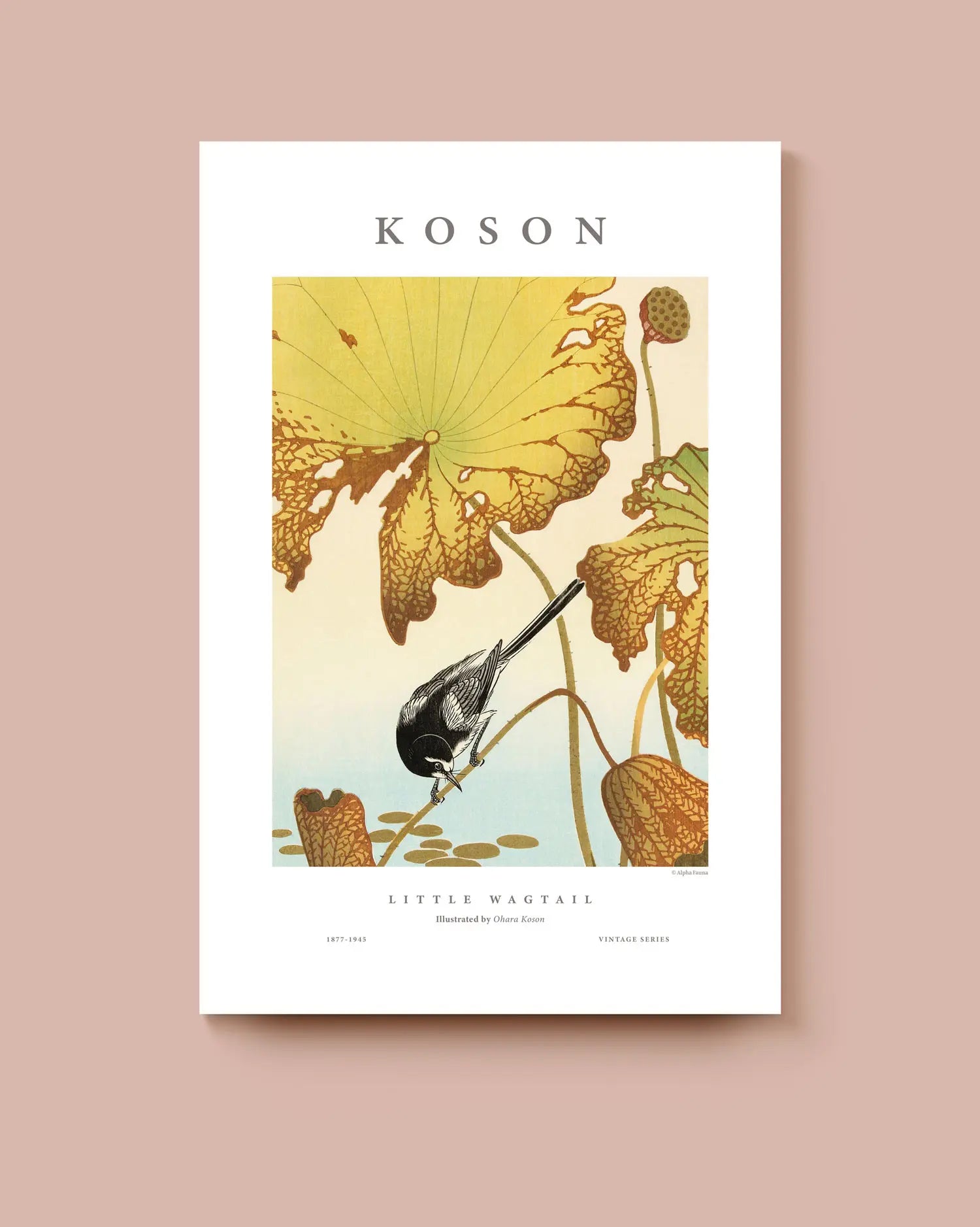 Poster with a bird and floral design on a white background with typographic details top and bottom. * Unframed print