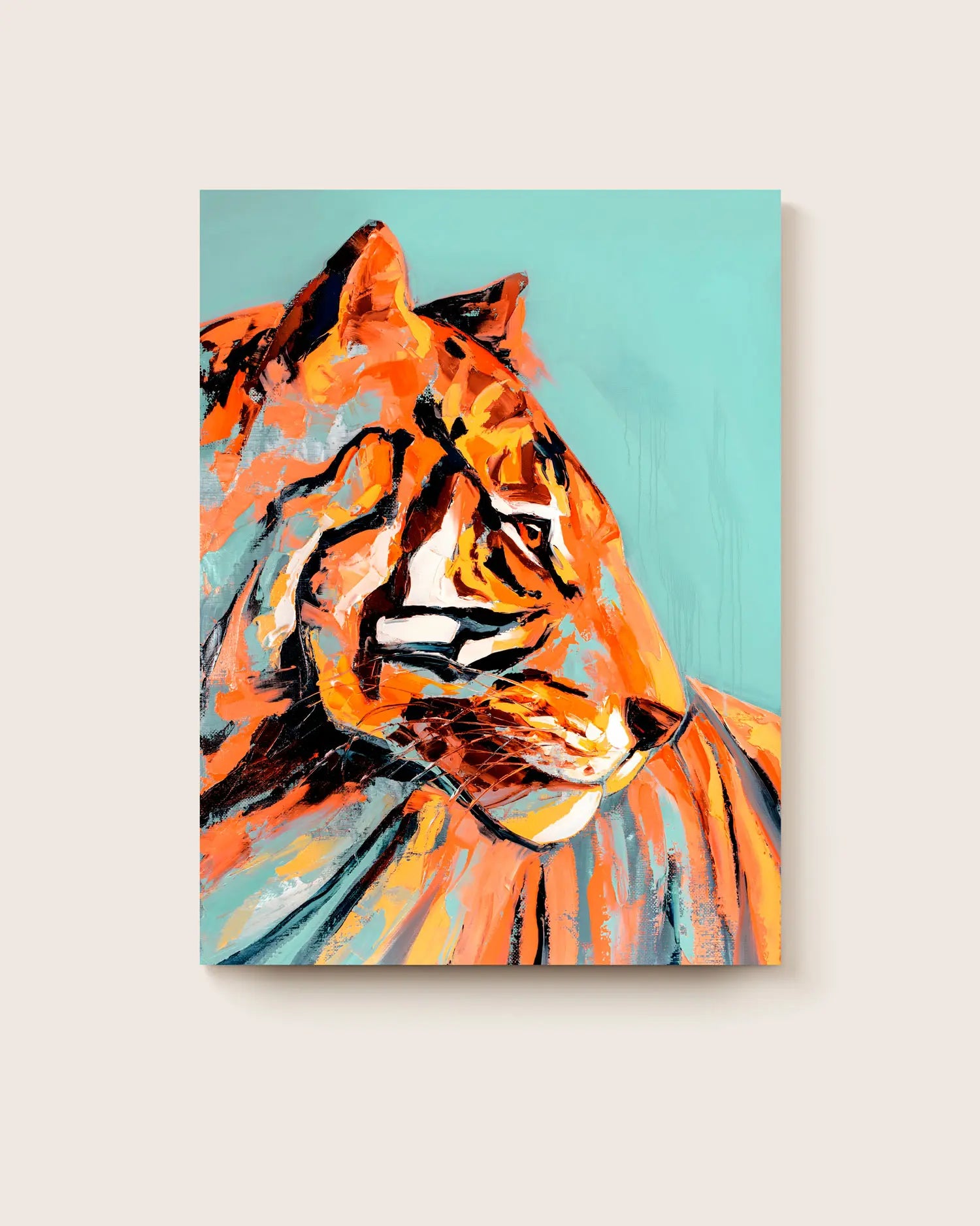 Abstract painting of a tiger on a light aqua background. * Unframed print