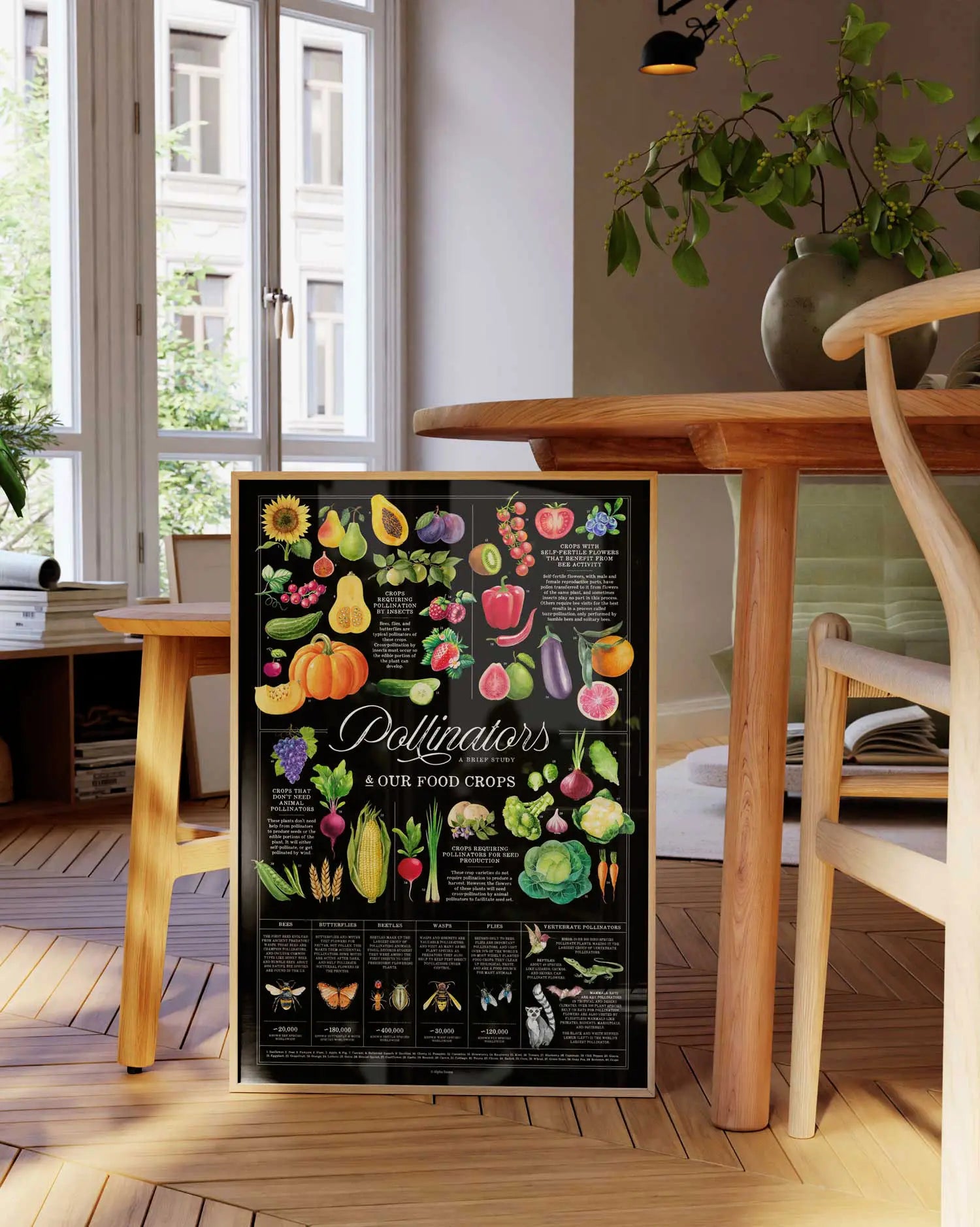 Educational poster on pollinators and food crops displayed in a room with wooden furniture.