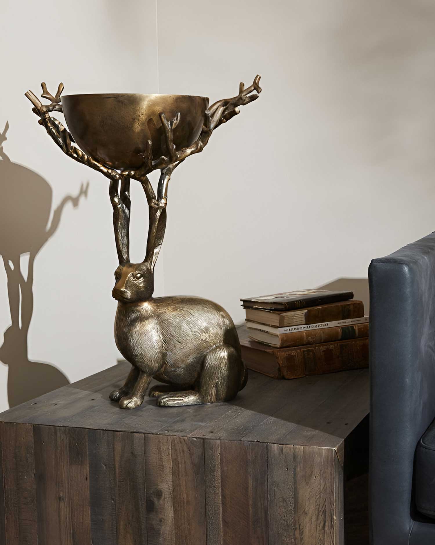 Fantastical Hare Branch Bowl on a small table next to a sofa