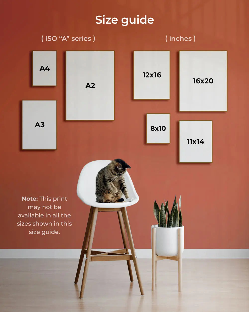 Size guide for art prints on a wall with a cat sitting on a stool.