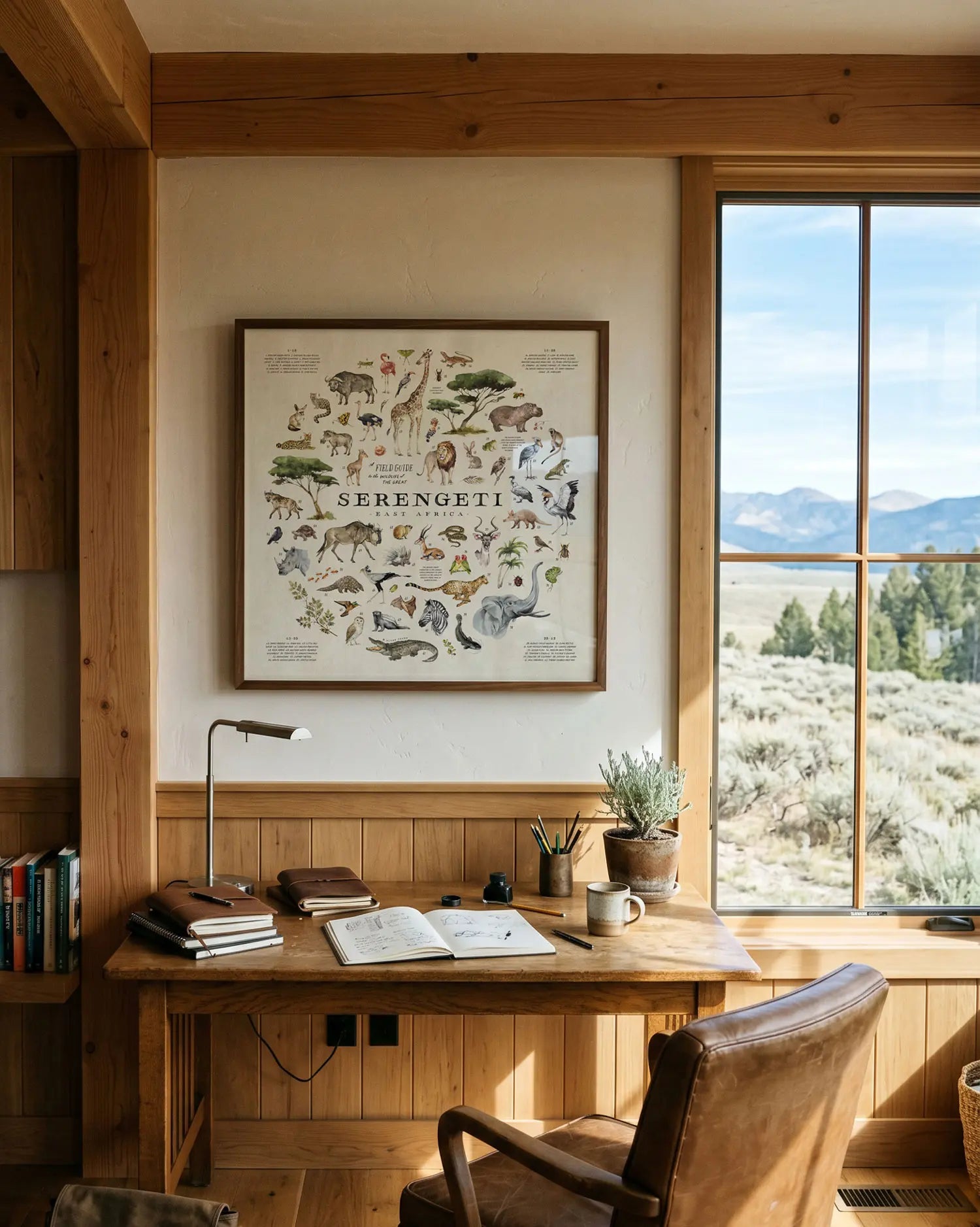 A framed Serengeti animal poster hangs on a beige wall above a rustic wooden desk in a sunlit room with wood paneling and a large window showing an outdoor landscape.