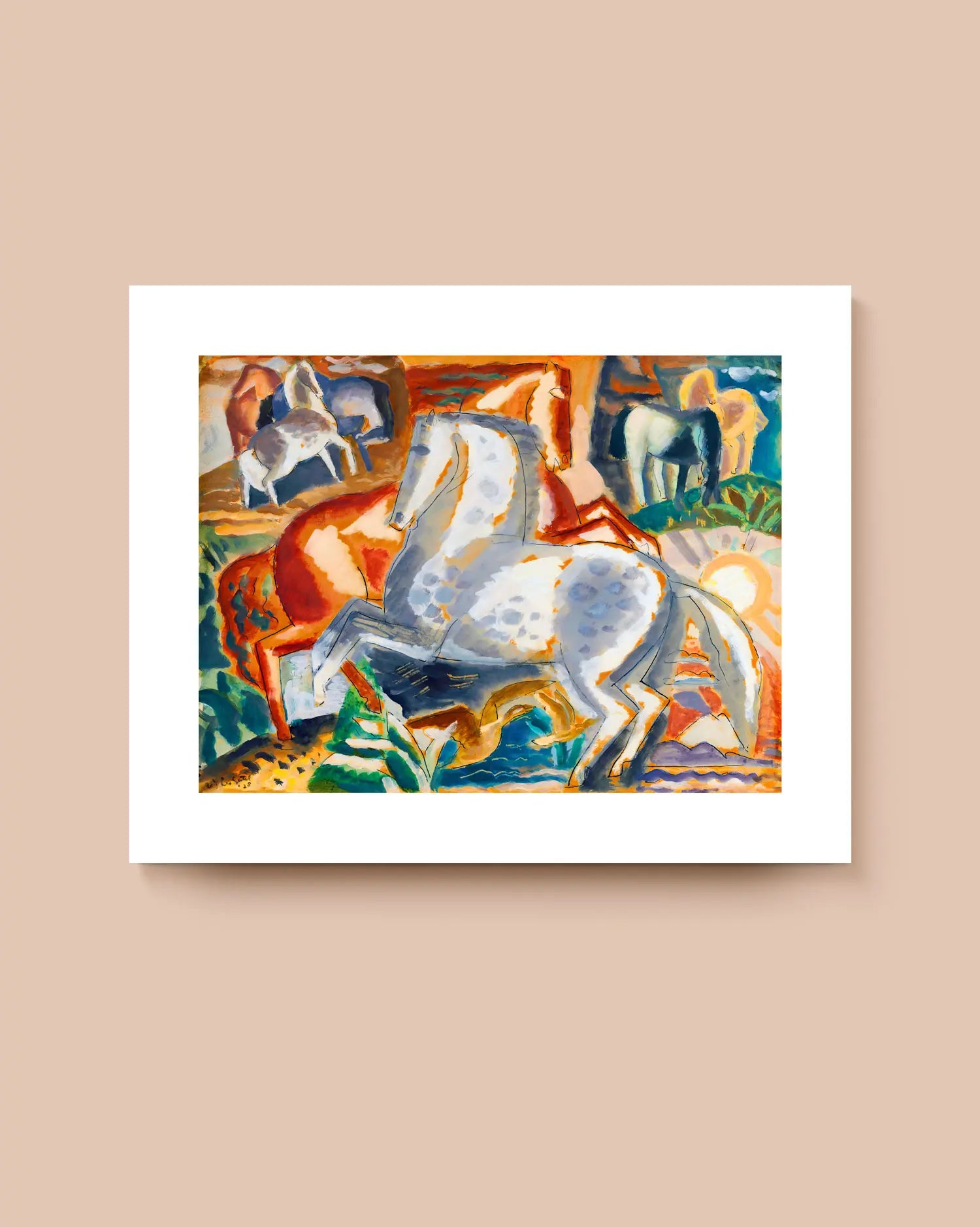 Art print of an abstract artwork of horses with a white border. * Unframed print