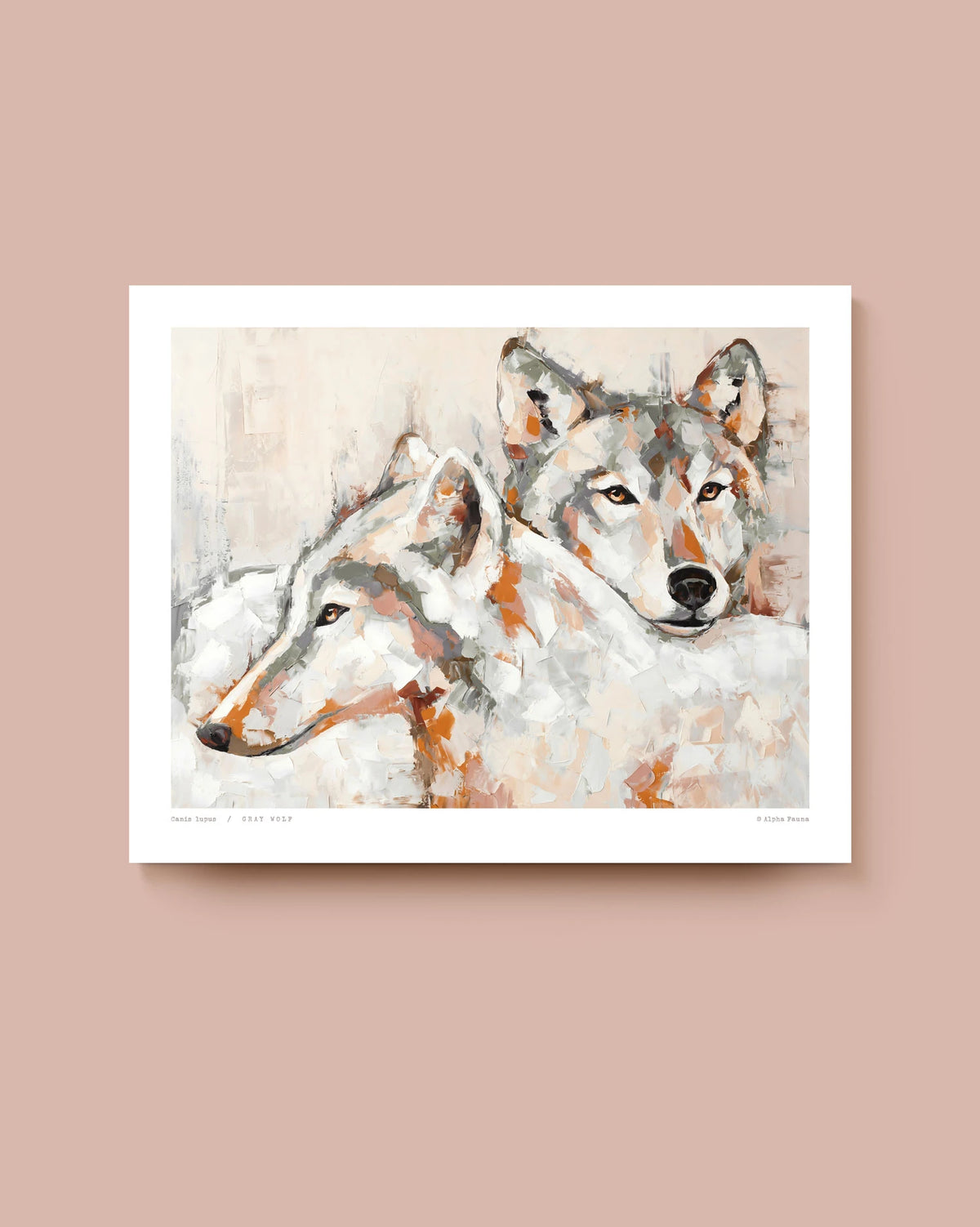 An expressive oil painting of two wolves in a muted palette. * Unframed print