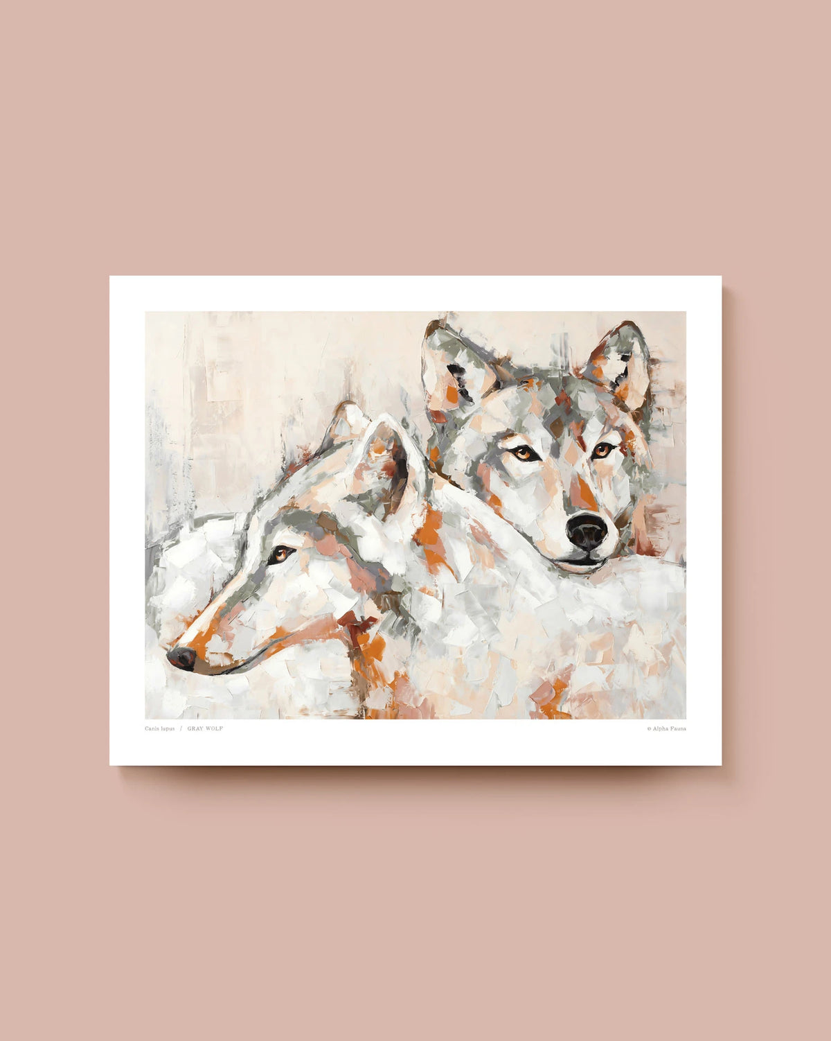 An art print featuring an expressive painting of two wolves with a white border. * Unframed print